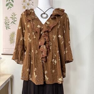 Anthropologie Brown Floral Ruffle Blouse Top Cottage Prairie Romantic Peasant S